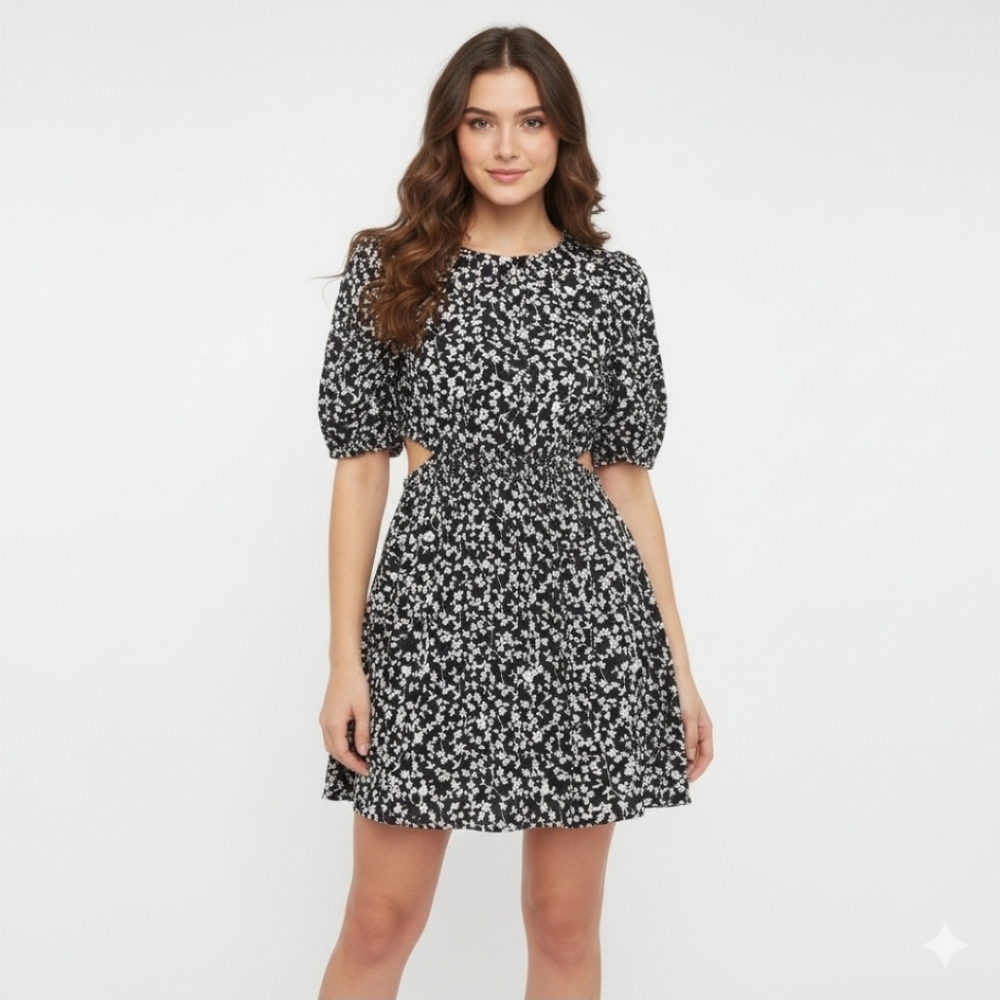 Old Navy Casual Dress Women's M Black Floral Mini Cotton Poplin Puff Sleeve